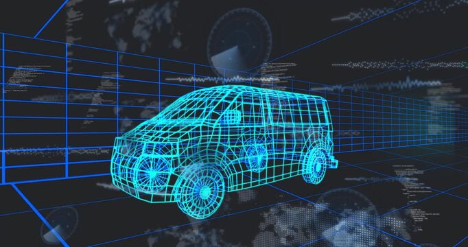 On data ping cyan wireframe van pulsing while HUD waveforms, code, radar revealing receding grid