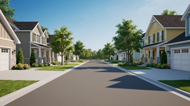 A straight, empty road lined with houses on both sides, with trees, clear blue skies