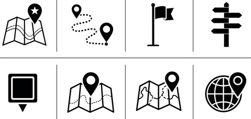 Navigation and map location icon set with route pins flag signpost globe and GPS symbols vector collection © Ahmed Sahid
