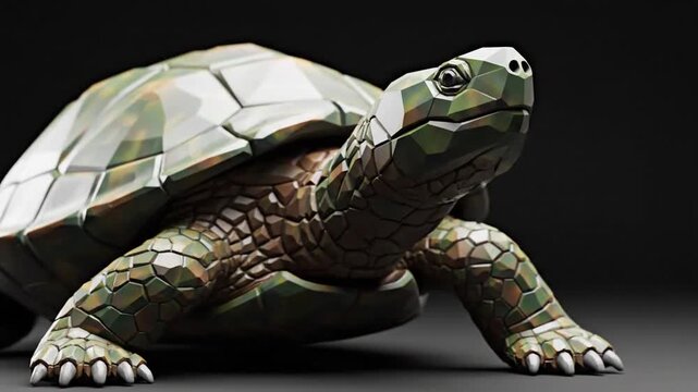 Geometric turtle with faceted shell on dark background