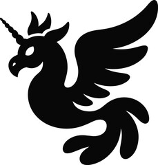 Fototapeta premium Winged unicorn silhouette vector illustration, fantasy mythical creature icon in black solid shape isolated on white background