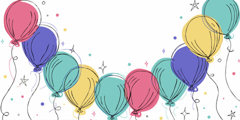 birthday banner. frame hand drawn cartoon watercolor balloons symbols of birthday party. holiday greeting card and invitation of birthday and holidays background © Fatema