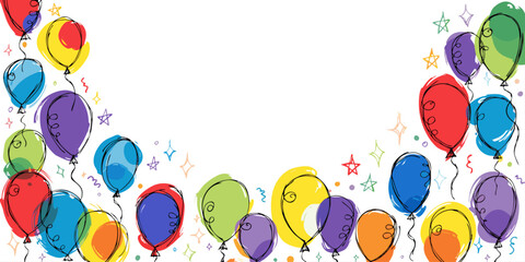 birthday banner. frame hand drawn cartoon watercolor balloons symbols of birthday party. holiday greeting card and invitation of birthday and holidays background © Fatema
