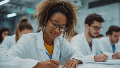 Multiracial Students Collaborating And Studying Together In Preparation For Medical University Exam, With Emphasis On African American Female Student.
