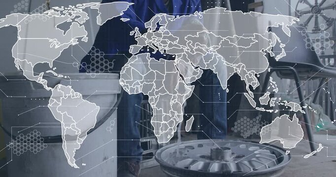 Tech crouching in shop pouring water cleaning rim causing splashes while map overlay covering frame