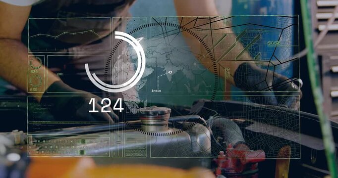 Mechanic reaching engine cap, activating HUD meters rising, torquing clamp and inspecting engine