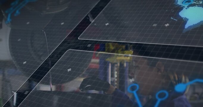 Female technician entering frame, grasping yellow post while AR grid panels shifting for repair