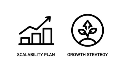 Scalability plan and growth strategy icons: bar chart showing upward trend, plant growing in circle, business expansion concepts