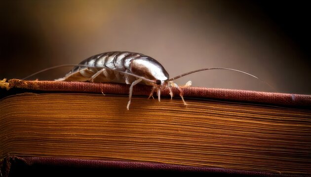 Silverfish on an old book - A close-up of a common household pest.