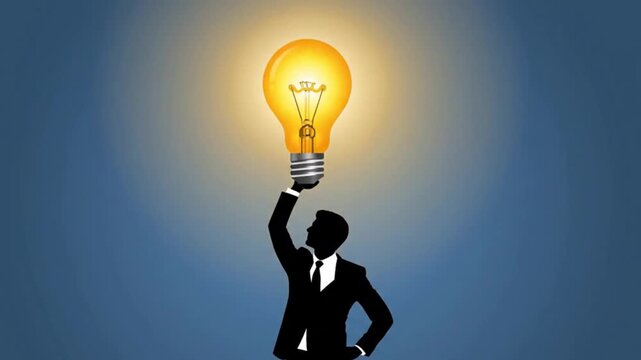 Silhouette businessman holding glowing light bulb above head, white background, seamless loop, video 