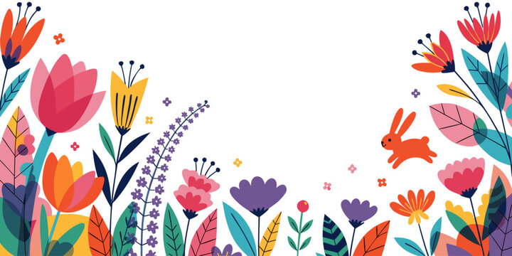 Modern abstract flowers and leaves background with Happy Easter greetings and bunny. Springtime frame. Poster, Easter, Womens Day, Mothers Day, March 8, birthday, children&rsquo;s art workshops. 