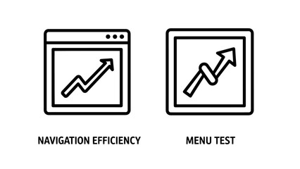 Navigation efficiency concept with web page graph, and menu test icon showing user interaction and testing.