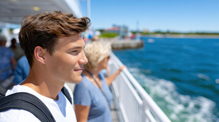 Fototapeta premium Young traveler on a ferry boat at dock overlooking ocean waves for summer travel agency excursion promotion banner ferry tour marketing and coastal sightseeing ad