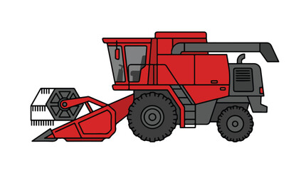 Fototapeta premium A red combine harvester with large black wheels and a gray attachment on a white background.