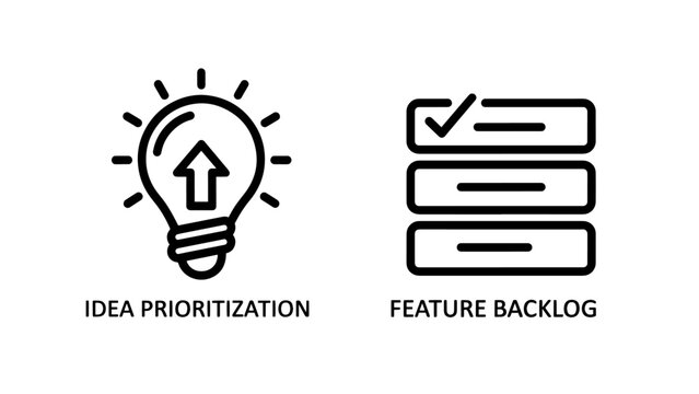 Icons for idea prioritization with a glowing lightbulb and upward arrow, and feature backlog with a checklist.