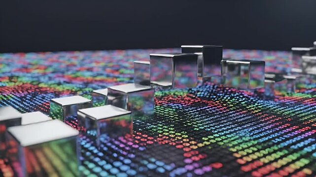 Chrome Cubes on Digital Landscape - The video features a series of chrome cubes of varying heights, arranged on a digitally video grid with a rainbow color scheme.