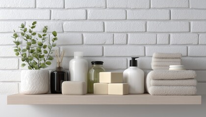 Bath Supplies Shelf Positioned Near White Brick Wall, Organized And Easily Accessible For Convenient Storage And Use In Bathroom Setting.
