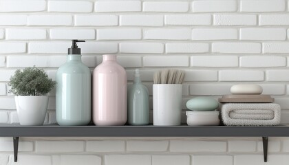 White Brick Wall With A Shelf Of Bath Supplies In Close Proximity. A Organized And Tidy Bathroom Displayed With Style.