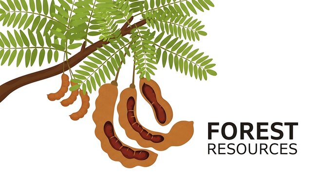Tamarind fruit tree branch with green leaves and brown pods on white background. Tamarindus indica tropical plant illustration representing forest resources