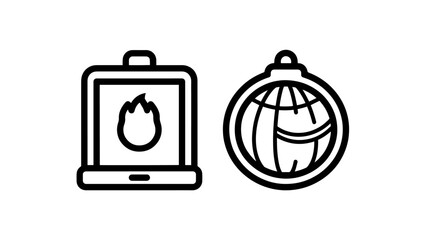 Obraz premium Icons representing a fireplace with a flame for warmth and comfort, and a globe with a network of lines for global connection