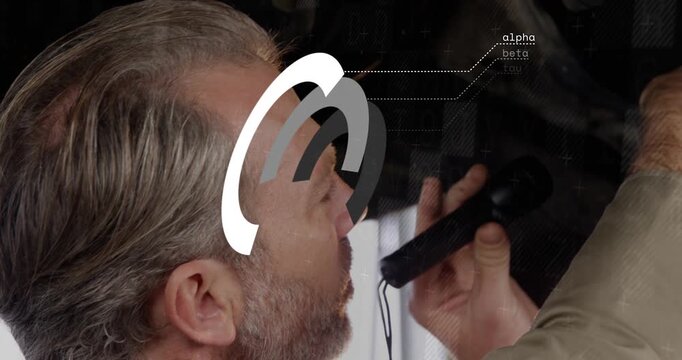 Tech shining light, reaching into bay and turning knob, animated rings and grid annotating repair