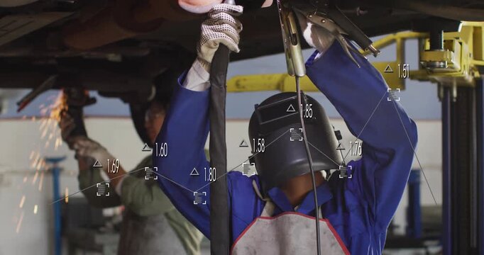 Tech grasping hose attaching clamp tool for auto repair, grinder sparks, HUD tags tracking tool