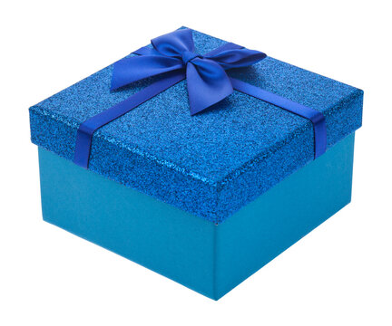 Blue box with gift isolated on white background.