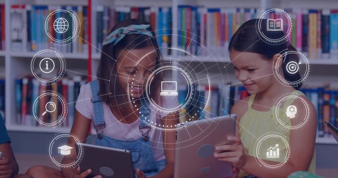 Two students tapping tablets in front of bookshelf, HUD appearing, linking devices for learning