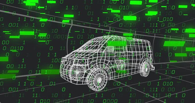 Wireframe van holding center while green data blocks streaming and occluding scene, showing flow