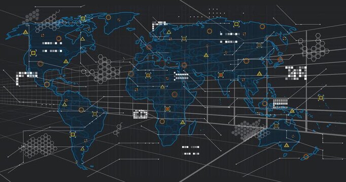 Grid appearing, neon-blue map expanding, recentering, data icons populating in waves, showing data