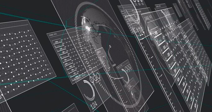 Data pulse starting rotation HUD panels and globe rotating, flashing hotspot updating for analytics