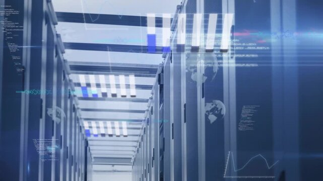 Server aisle moving while HUD overlays appearing after system detecting load, showing flow