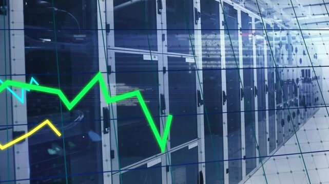 Data spike starting neon traces sweeping by racks green trace peaking for metrics camera pan right