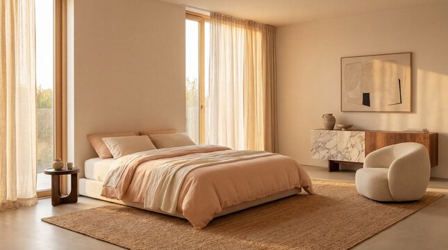 modern bedroom interior with beige walls and large window. comfortable bed with peach bedding. white boucle armchair on jute rug. wooden furniture. home design. banner, website header.