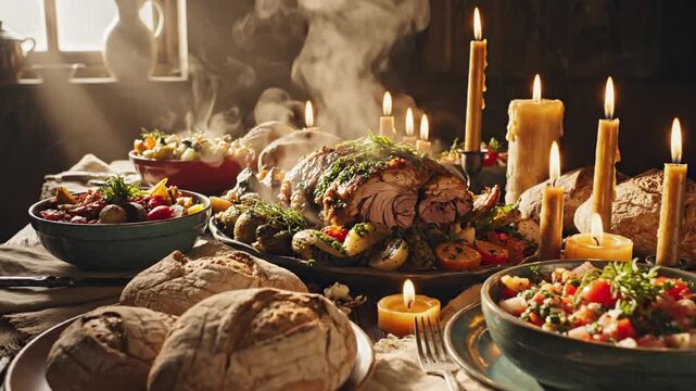 Rustic wooden table laden with a steaming feast surrounding a roasted meat centerpiece