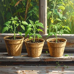 Three young cannabis plants growing in biodegradable pots on wooden deck by bright window