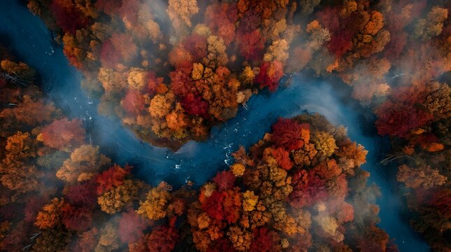 An breathtaking aerial view captures a winding river flowing through a vibrant autumn forest adorned with intensely colorful trees.