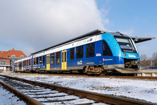 Cuxhaven, Germany - February 18, 2026: evb Alstom Coradia iLINT 54 hydrogen powered regional train at Cuxhaven railway station