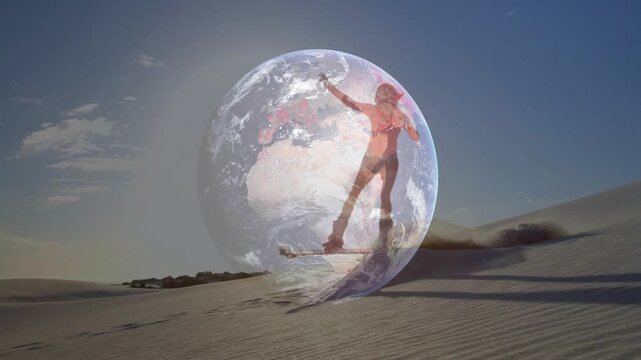 Woman on sandboard starting descent carving jumping landing ending for sport with globe centered