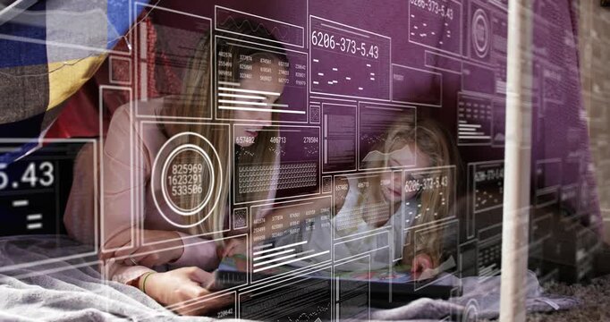 Mom guiding child in fort, child reaching and tapping tablet, education panels showing over scene