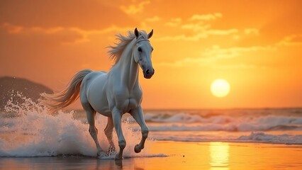 White horse running on beach at sunset with waves
