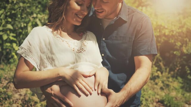Couple tenderly holding pregnant belly outdoors with hands forming a heart shape under bright sunlight, celebrating maternity and love.