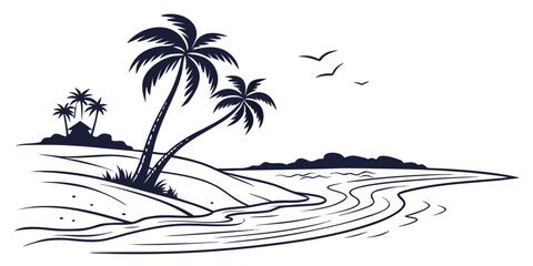 A serene beach scene with palm trees and gentle waves under a clear sky. © AG