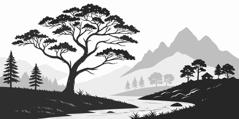 A serene landscape with a large tree and mountains in the background © AG