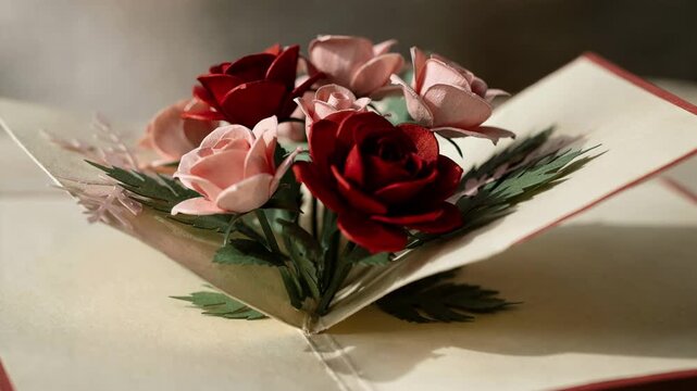 Focus on a dimensional floral card opening to reveal popup roses and leaves in vivid detail with the rest of the scene blurred to emphasize delicate paper craftsmanship.