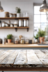 Fototapeta premium Textured Rustic Wooden Tabletop in Focus Against Bright Blurred Modern Kitchen Interior Background