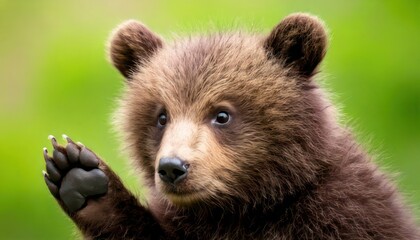 Obraz premium Adorable Brown Bear Cub Waving Paw in a Lush Green Forest.