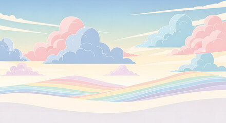 Fototapeta premium Dreamy pastel landscape with soft clouds and rainbow hills peaceful sky background