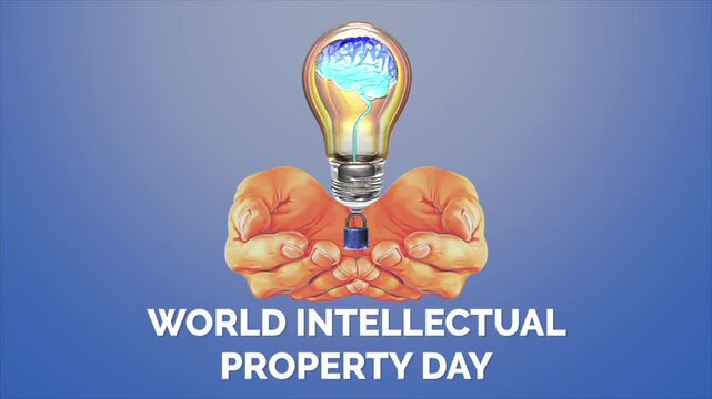 World intellectual property day background with hands holding brain light bulb and lock
