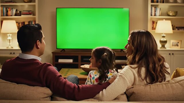 Family Watching Green Screen TV - A family of three sits on a comfortable sofa in their cozy living room, watching a television with a green screen.